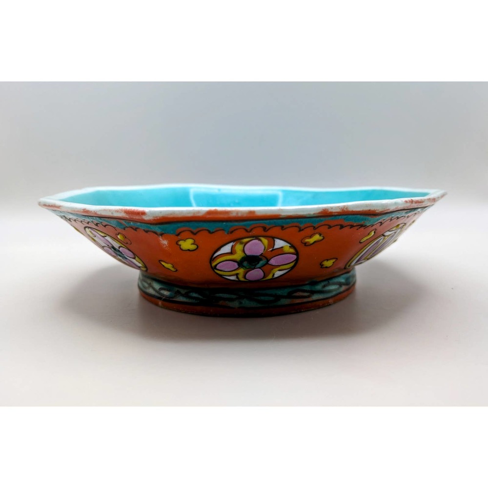 Antique 19th c. Chinese octagonal famille rose bowl, 8 symbols, orange turquoise
